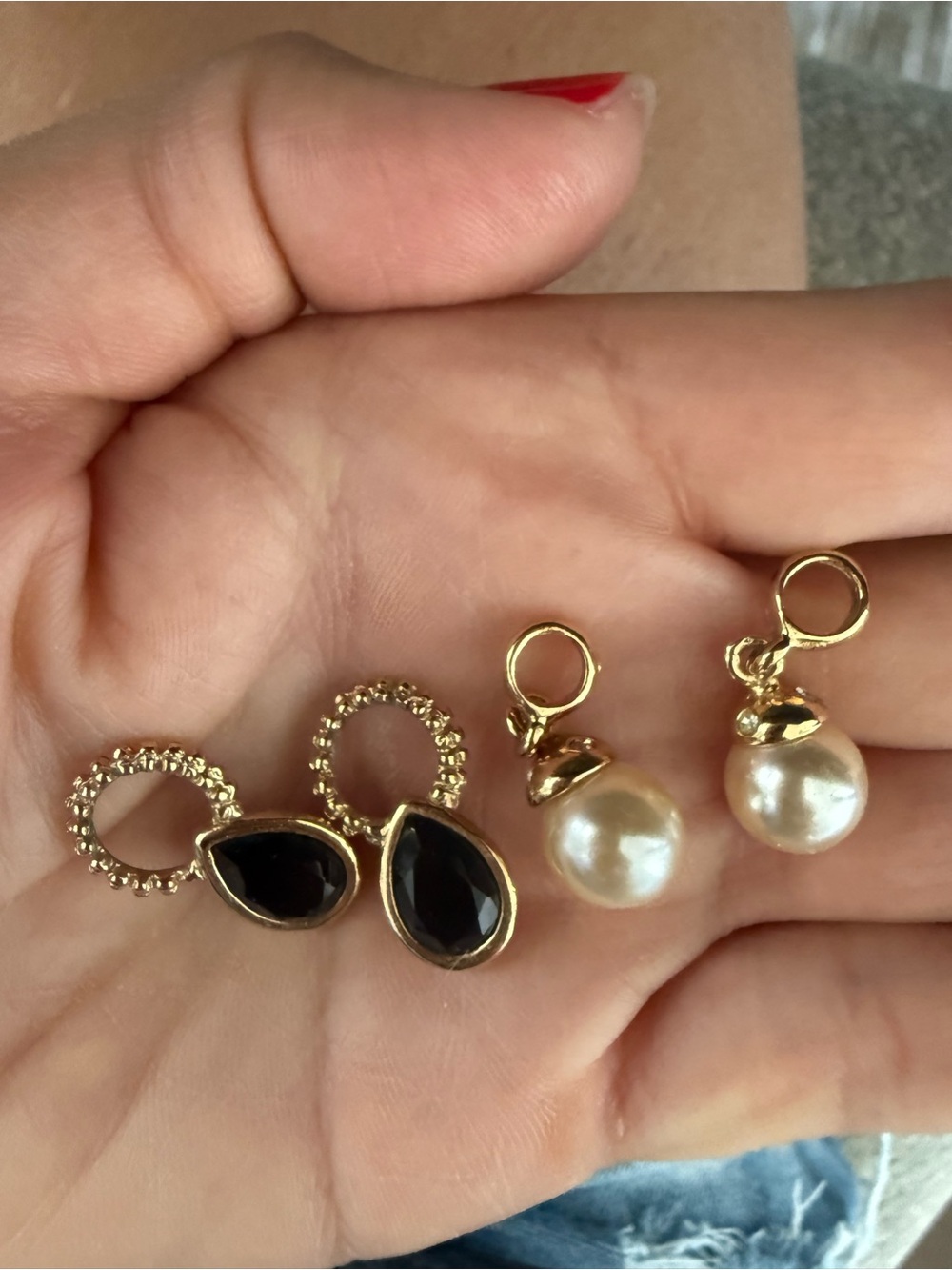Gold Pearl Drop and Black Teardrop Charm Earring Set